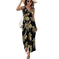Golden Retriever Riding Dinosaur Women's Dress V Neck Sleeveless Dress Summer Casual Sundress Loose Maxi Dresses for Beach