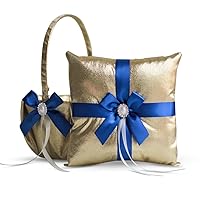Gold & Royal Blue Wedding Ring Bearer Pillow and Flower Girl Basket Set – Satin & Ribbons – Pairs Well with Most Dresses & Themes – Splendour Every Wedding Deserves