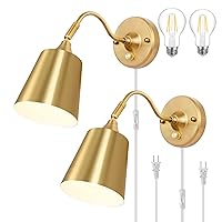 TRLIFE Wall Sconce Plug in, Dimmable Wall Sconces Adjustable Gold Wall Lights with Plug in Cord and Dimmer On/Off Knob Switch, Wall Mounted Light for Bedside Bedroom Stairway(2 Pack, 2 Bulbs Included)