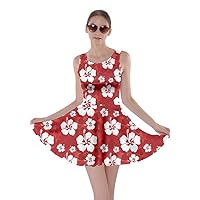 Womens Beach Dress Hawaii Hibiscus Tropical Flowers Floral Leaves Summer Party Skater Dress, XS-5XL