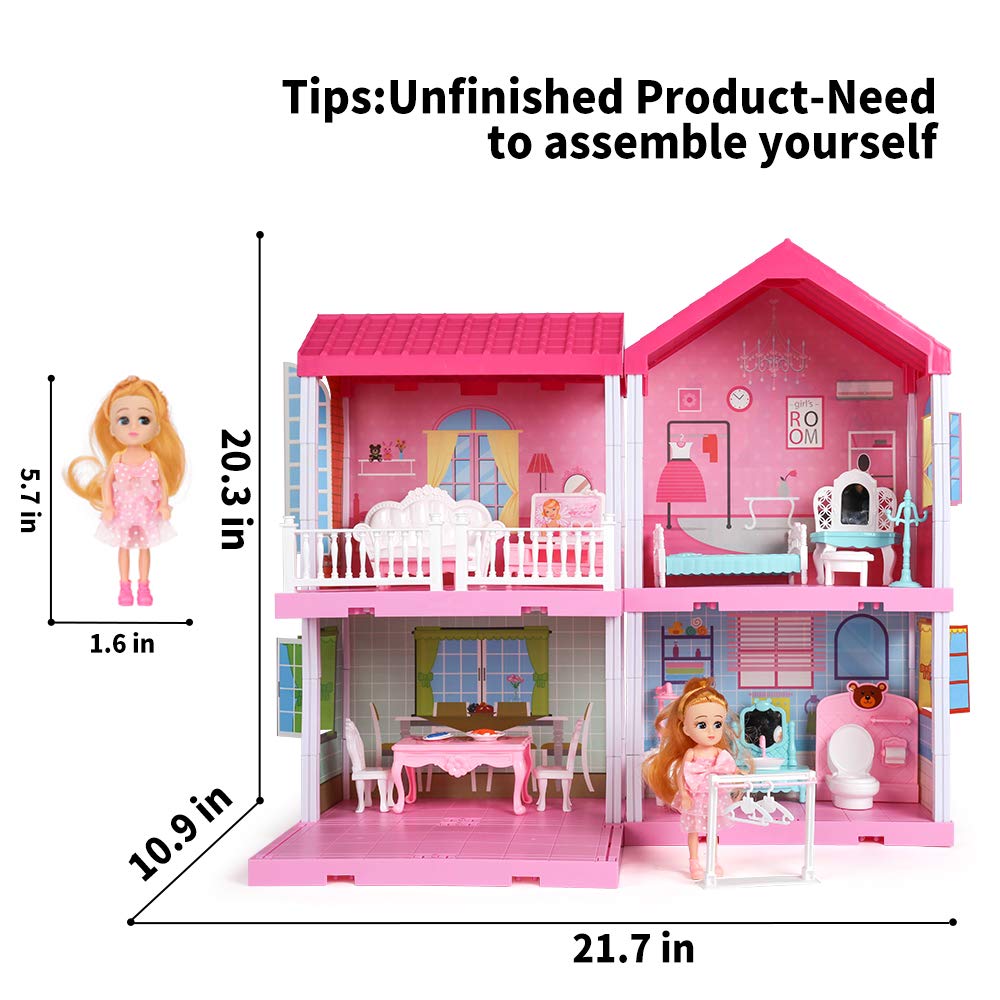 TEMI Dollhouse Dreamhouse Girls Pretend Toys - Doll Figure with Furniture, Accessories, Stairs, Pets and Dolls, DIY Cottage Pretend Play Doll House, for Toddlers, Boys & Girls(4 Rooms)