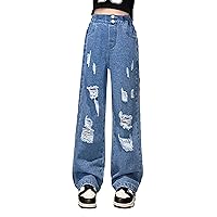 FEESHOW Girl's High Waisted Wide Leg Jeans Coolgirls Casual Loose Fit Baggy Ripped Denim Pants with Drawstring