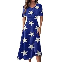 V-Neck Dress Womens Summer Independence Day Print Short Sleeve Casual Waist Dress Fashion Loose Swing Long Dress