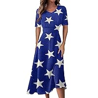 Women's July 4th Patriotic Maxi Dress 2024 Summer Sleeveless Square Neck Flowy Long Beach Sundresses with Pockets