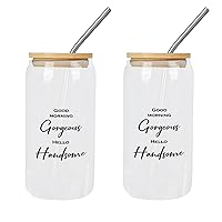 2 Pack Glass Cup with Bamboo Lid And Straw Good Morning Hello Handsome Glass Cup Can Beer Cups Gift for Mom Cups Great For For Soda s Whiskey