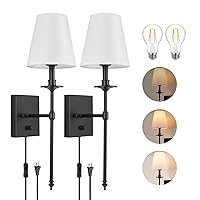 Dimmable Wall Sconces Set of Two, ENCOMLI Plug in Wall Sconces White Fabric Shade, Wall Lamp with Plug in Cord, Plug in Wall Light for Living Room Bathroom Vanity Light Fixture, Bulbs Included, Black