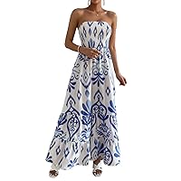 Womens Summer Dresses Allover Print Ruffle Hem Tube A-Line Maxi Dress