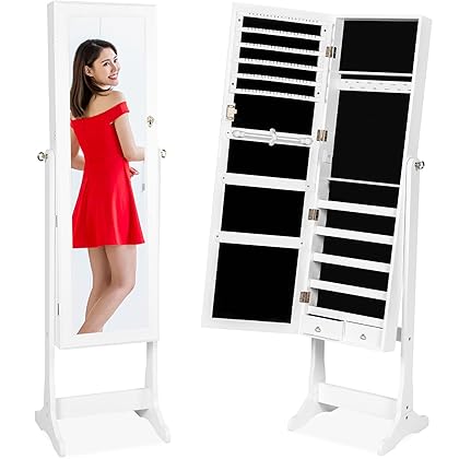 Best Choice Products Standing Mirror Armoire, Lockable Jewelry Storage Organizer Cabinet w/Velvet Interior, 3 Angle Adjustments - White