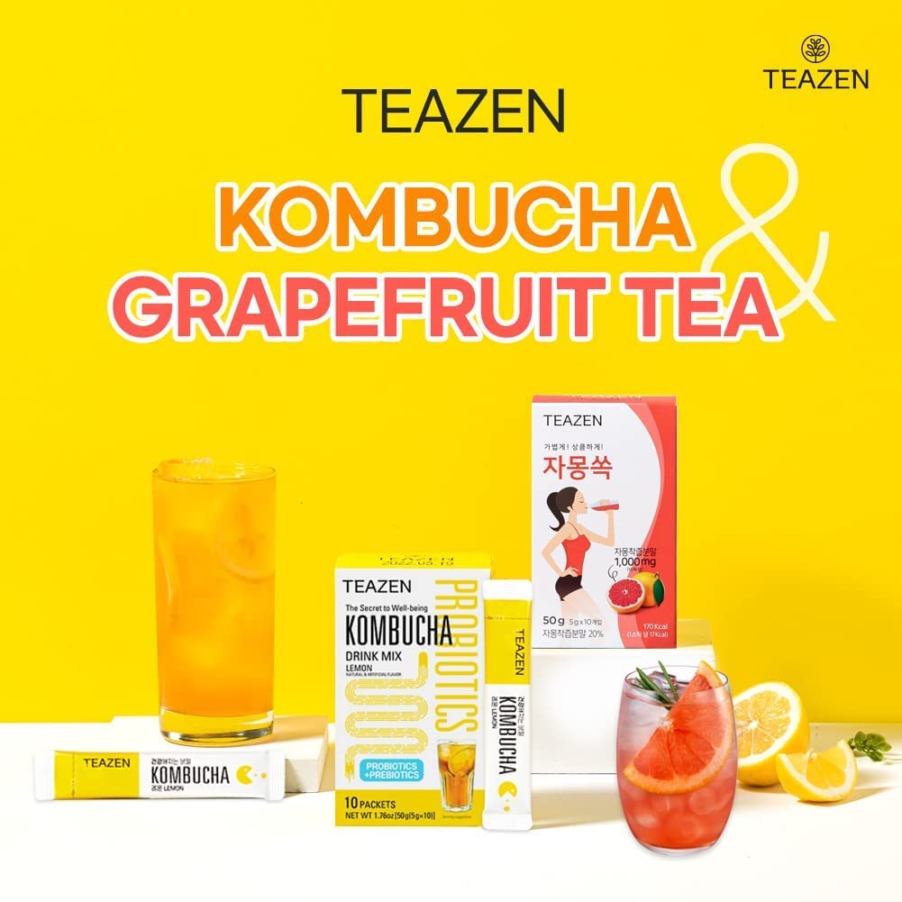 TEAZEN 3 Flavor 40 stick Variety Pack, Pink Grapefruit Hibiscus and Green Tea Powdered Drink Mix (20 Sticks, 3.52oz), Kombucha Lemon (10 Sticks, 1.76oz) & Citrus Flavor Powdered Mix (10 Stick, 1.76oz)