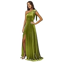 Basgute One Shoulder Velvet Bridesmaid Dresses for Wedding Long A Line Formal Evening Party Gown with Slit for Women