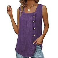 Summer Tank Top for Women Square Neck Sleeveless Swallowtail Button Pullover Plus Size Vest Pleated Retro Solid Top