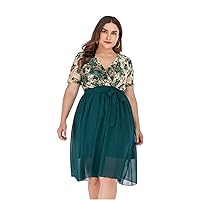 Women Plus Size Midi Dress,V-Neck Short Sleeve Print Tie Waist Chiffon Patchwork Casual Dress