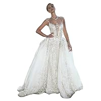 Illusion Sequins Bridal Ball Gowns with Detachable Train Lace Mermaid Wedding Dresses for Bride Plus Size