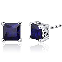 Peora Created Blue Sapphire Stud Earrings 925 Sterling Silver, Solitaire Scroll Gallery, 2.50 Carats Total Princess Cut 6mm, Friction Backs