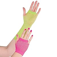 Amscan Neon Pink & Green Fingerless Fishnet Long & Short Gloves