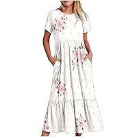 Women's Short Sleeve Sundress Summer Casual Floral Dress with Pockets, Loose Fitting Beach Maxi Long Dresses