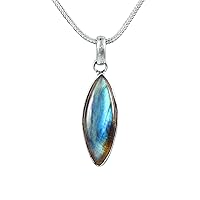 925 Sterling Silver Pretty Marquise Blue Fire Labradorite Gemstone Pendant Necklace Hanmdade Jewelry