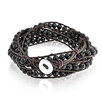 Unisex Mixed Two Tone Multi Strand Layered Link Chain & Bead 6MM Gemstone Tiger Eye Black Onyx Crystal Ball Beads Bracelet For Women Teen Silver Tone Oxidized Stainless Steel Toggle Clasp Adjustable