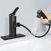 Bathroom Sink Faucet with Pull Out Sprayer, 3 Water Flow Modes Modern Bathroom Faucet with Pop-up Drain Stopper, Single Hole Pull Down Vessel Sink Faucet (Black)