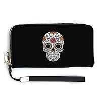 Dead Floral Skull Fashionable Handheld Wallet Credit Card Change Handbag Travel Purses Money Organizers Cell Phone Bag