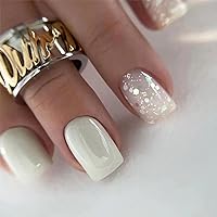 White Press on Nails Short Square- 24Pcs Glossy Glitter Fake Nails Full Cover Acrylic Nails French False Nails with Bling Designs Artificial Jelly Gel Nails Coffin Shaped Glue on Nails for Women Girls
