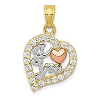 10k Two Tone Polished Textured back Gold and White Rhodium I Love You CZ Cubic Zirconia Simulated Diamond Heart Pendant Necklace Measures 20x17mm Wide Jewelry for Women