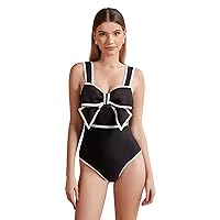 FLAXMAKER Black and White Bow-tie Decor One Piece Swimsuit and Skirt