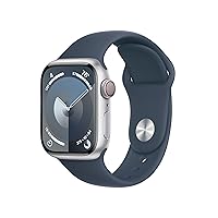 Apple Watch Series 9 [GPS + Cellular 41mm] Smartwatch with Silver Aluminum Case with Storm Blue Sport Band S/M. Fitness Tracker, ECG Apps, Always-On Retina Display