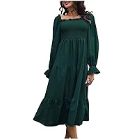 Women's Smocked Tiered Ruffle Midi Dress Square Neck Frill Trim Long Sleeve Casual Loose Flowy Solid A Line Dresses