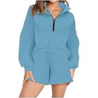 Women's 2 Piece Outfits Sweatsuit Half Zip Collar Sweatshirt Set Trendy Lounge Pullover Shorts Sets Tracksuit