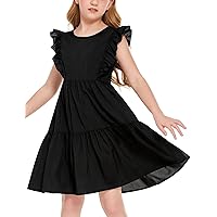 Girl's Flutter Sleeve Dress Flowy Swing Pattern Round Neck A-Line Casual Loose Dresses