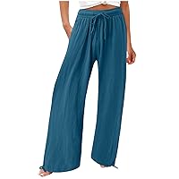 Trendy Linen Palazzo Pants for Women Drawstring Elastic Waist Wide Leg Pants Solid Loose Casual Trousers with Pockets