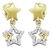10kt Yellow Gold Womens Round Diamond Star Dangle Earrings 1/10 Cttw