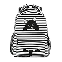 Black Cat School Backpack Lightweight Cute Kids Shoulder Bag Striped Laptop Bag for Teen Boys Girls