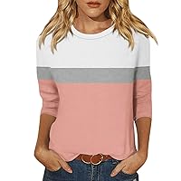 3/4 Length Sleeve Womens Tops Dressy Crew Neck Loose Casual Blouses Patchwork Spring Summer Fall Tshirts