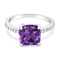 Gem Stone King 925 Sterling Silver Purple Amethyst Ring For Women (2.17 Cttw, Cushion Cut 8MM, Gemstone Birthstone, Available in size 5, 6, 7, 8, 9)