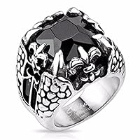 Faceted Onyx Square Gem Royal Fleur De Lis Dragon Claw Cast Ring Stainless Steel