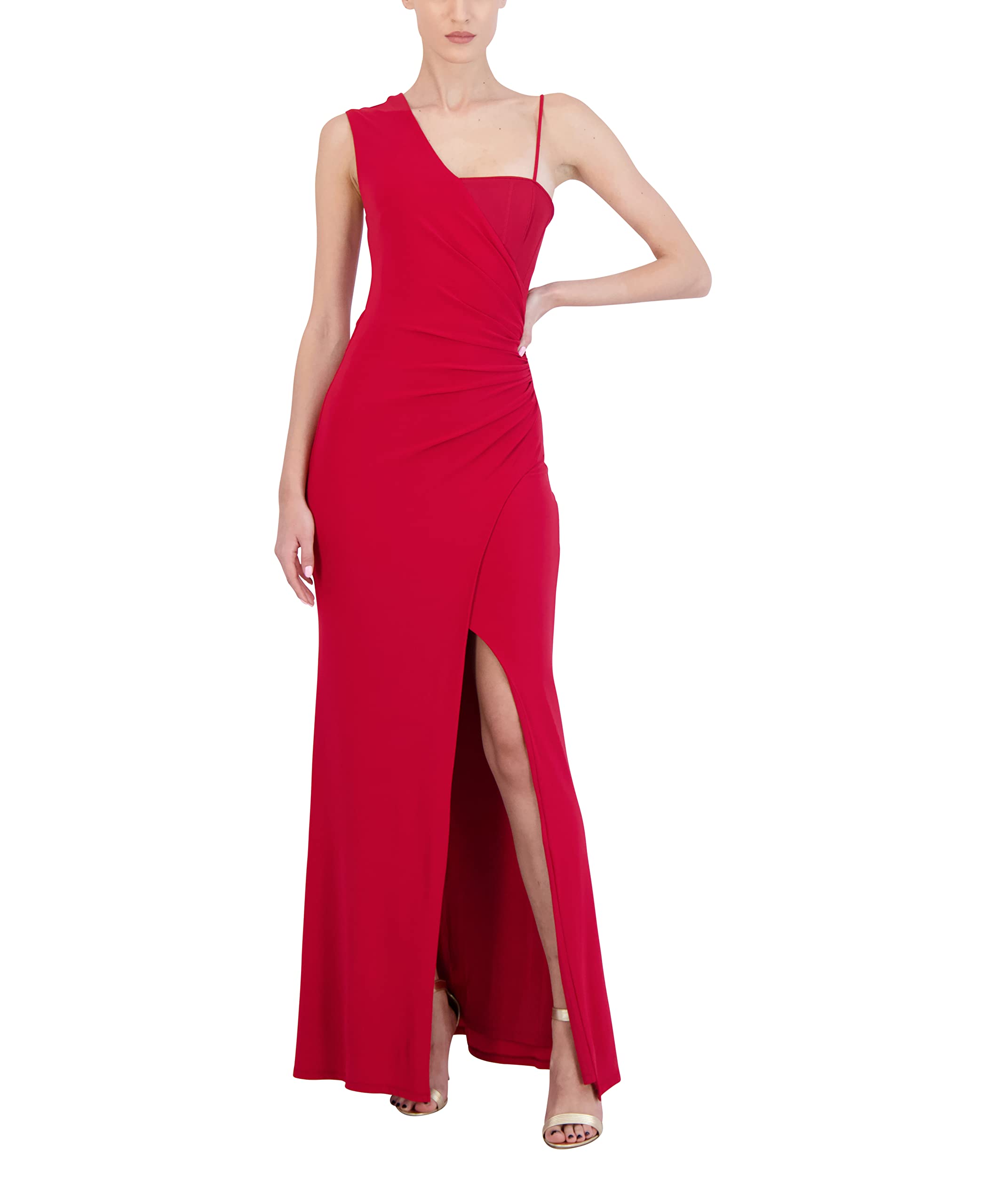 BCBGMAXAZRIA Women's Sleeveless Fit and Flare Long Evening Dress Adjustable Spaghetti Strap Asymmetrical Neck Front Slit