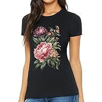 Peonies Print Slim Fit T-Shirt - Floral Women's T-Shirt - Art Slim Fit Tee