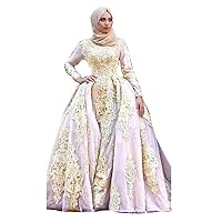 High Neck Muslim Arabic Sequins Long Sleeves Lace Bridal Gowns Detachable Train Mermaid Wedding Dresses for Bride
