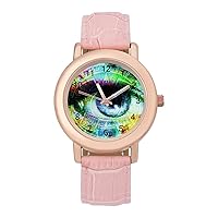 Ancient Mayan Calendar and Eye Womens Watch Round Printed Dial Pink Leather Band Fashion Wrist Watches