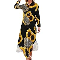 Funny Sunflower Owl Women Shirt Dress Button Down Maxi Dress Long Swing Dress Casual Party Dresses