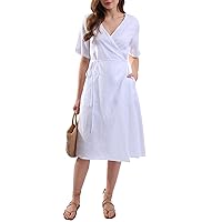 Amazhiyu Womens Pure Linen Summer Short Sleeve Wrap Midi Dresses with Pockets