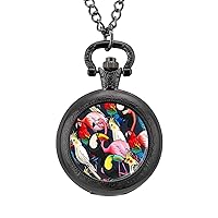 Tropical Birds Flamingo Parrot Vintage Pocket Watch with Chain Arabic Numerals Scale Alloy Pocket Watch Gift