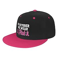 in October We Wear Pink Breast Cancer Awareness Flat Bill Hat Men Women Outdoor Adjustable Hip Hop Style Flat Brim Hat White