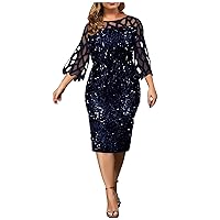 Womens Sequin Party Dress Plus Size 3/4 Sleeve Fashion Sheer Mesh Bodycon Clubwear Sexy Slim Fit Party Club Dress