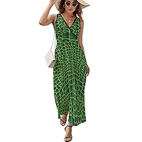 Crocodile Alligator Print Sleeveless Maxi Dresses Casual Beach Long Sundresses with Cross V Neck for Women Summer