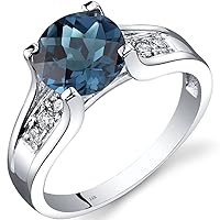 PEORA London Blue Topaz and Diamond Ring in 14K White Gold, 2.25 Carats total, Cathedral Design, Round Shape Solitaire Engagement, Round Shape, 8mm, Comfort Fit, Sizes 5 to 9