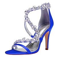 Womens Corss Strappy Heels Open Toe Bride Party Job Dress Shoes High Heels Satin Zip Rhinestone Wedding Sandals Blue US 6.5