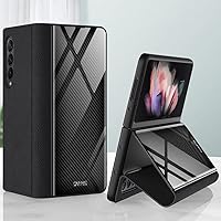 SHIEID Galaxy Z Fold 3 5G Case Leather Cover, [Leather + 9H Tempered Glass] Outer Screen Back Protector Cover with Kickstand Phone Case Compatible with Samsung Galaxy Z Fold 3, Carbon Fiber Pattern